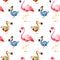 Magical pattern with fantasy Dodo birdand flamingo