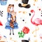 Magical pattern with lovely rose,playing cards,hat,flamingo