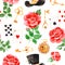 Magical pattern with lovely roses,playing cards,hat,old clock and golden keys