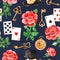 Magical pattern with lovely roses,playing cards,hat,old clock and golden keys