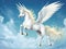 A magical Pegasus horse flying high above the clouds and snowy peaks of the mountains. Created by AI