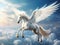 A magical Pegasus horse flying high above the clouds and snowy peaks of the mountains. Created by AI