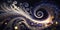 Magical purple, gold, and black swirling spiral fairy dust. Galaxy space design. Shimmer, sparkle, and glow. background wallpaper.