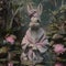 Magical rabbit in a towel turban, pastel bathrobe, amidst a 3D, fantasy garden