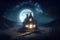 magical scene, with fairytale house surrounded by mystical lights, and the moon shining above