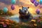 Magical scene hippo floating with balloons. AI Generative