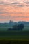 A magical scenery with an amazing colourful sunrise with clouds attached like dots to the sky and the dew over the agricultural fi