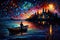 Magical scenic fantasy landscape with stars reflection in the lake, abstract painted style