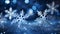 Magical shiny frozen snowflakes and snowfall sky, blue background with beautiful festive light bokeh, winter and Christmas