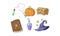 Magical signs set, Halloween symbols, potion bottle, magic crystal, pumpkin, wizard hat, magic book vector Illustration