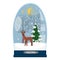 A magical snowball on a white background. A crystal ball with trees and a deer, with a snowy Christmas tree, falling
