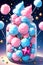 Magical sparklycotton candy in a glass jar, topped with stars shaped sprinkles, dreamlike, cute, food design