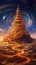 Magical Spiraling Golden Sand Castle Citadel City with Towering Spirals and Cosmic Star-Filled Night Sky. Generative ai