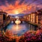 Magical Sunset over Arno River and Ponte Vecchio in Florence