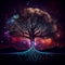Magical tree with aura lights, strong roots connected to the earth, spirituality and belief concept, astral energy, generative AI