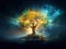 Magical tree with colorful aurora borealis in the background. Spirit tree with green and golden leaves. Generative AI
