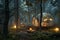 A magical twilight shrouds a futuristic glamping dome, nestled among towering trees with floating lights leading a path to