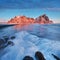 Magical Vestrahorn Mountains and Beach in Iceland at sunrise. Panoramic view of an Icelandic amazing landscape. Vestrahorn