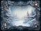A magical winter scene with a snowy forest, surrounded by a Christmas frame with lights and decorations.