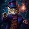 A magician cat wearing a top hat in a mysterious background. Amazing digital illustration. CG Artwork Background