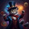 A magician cat wearing a top hat in a mysterious background. Amazing digital illustration. CG Artwork Background