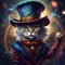 A magician cat wearing a top hat in a mysterious background. Amazing digital illustration. CG Artwork Background