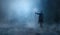 Magician in cloak, cowl with magic stick standing in fog landscape illuminated by blue moon ligh. Fantasy, wizard concept, 3D