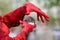 Magician in covered in red body paint casts a spell using a glass sphere