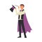 Magician Doing Tricks with Magic Wand and Top Hat, Illusionist Character in Cape Performing at Magic Show Cartoon Style
