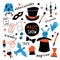 Magician equipment collection. Magic elements and symbols, illusionist tools for tricks. Funny doodle hand drawn illustration.