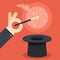 Magician hand holding magic wand over cylinder hat flat design vector illustration