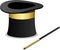 Magician hat with wand on white background. Black magic hat with wand stick. Magical performance, wizard, fairy tale