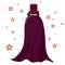 Magician illusionist in a purple robe is covered. Mysterious look. Only the eyes are visible. Around the magic stars