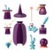 Magician illusionist vector flat set with fabulous items - magic hat, rabbit, wand, cards, cristal ball and other