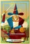 Magician juggler with cup, wooden staff, sword and gold tarot card