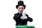 Magician kid illusionist boy in hat. young costume isolated white background