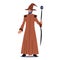 Magician with Magic Staff, Wizard or Sorcerer Character, Halloween Personage With Beard Wear Long Brown Robe and Hat