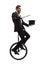 Magician performing a magic trick with a wand and a hat and riding a unicycle