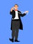 Magician performing trick with rope vector illustration isolated on blue. Magic performer illusionist.