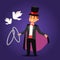 Magician prestidigitator illusionist vector character tricks juggler vector illustration magic conjurer show cartoon man