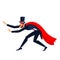Magician or Professional showman in a red cloak and hat. Showman spreading hands, show begins. Cartoon character Vector