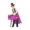 Magician Sawing Woman, Illusionist Character in Cape Performing at Magic Show Cartoon Style Vector Illustration