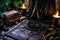 Magician setting up magical items on table for captivating enchanting mystical ritual