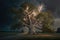Maginficent Large American Sycamore Tree Lightning Dark Clouds Sky by Generative AI