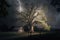 Maginficent Large American Sycamore Tree Lightning Dark Clouds Sky by Generative AI