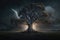 Maginficent Large Beech Tree Lightning Dark Clouds Sky by Generative AI