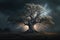 Maginficent Large Black Oak Tree Lightning Dark Clouds Sky by Generative AI