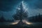Maginficent Large Blue Spruce Tree Lightning Dark Clouds Sky by Generative AI