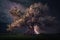 Maginficent Large Chokecherry Tree Lightning Dark Clouds Sky by Generative AI