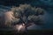 Maginficent Large Chokecherry Tree Lightning Dark Clouds Sky by Generative AI